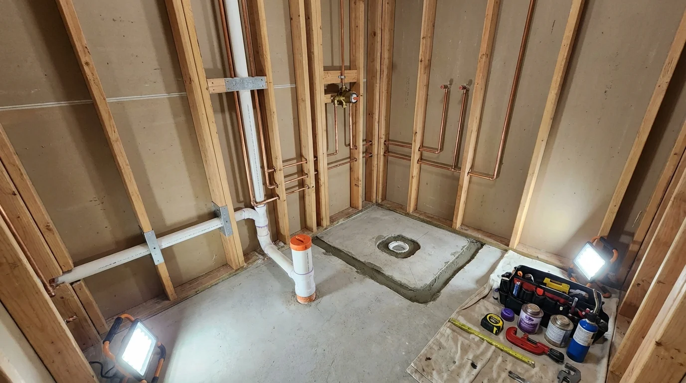 Bathroom rough-in plumbing during remodel by Johns Plumbing LLC in Laurys Station