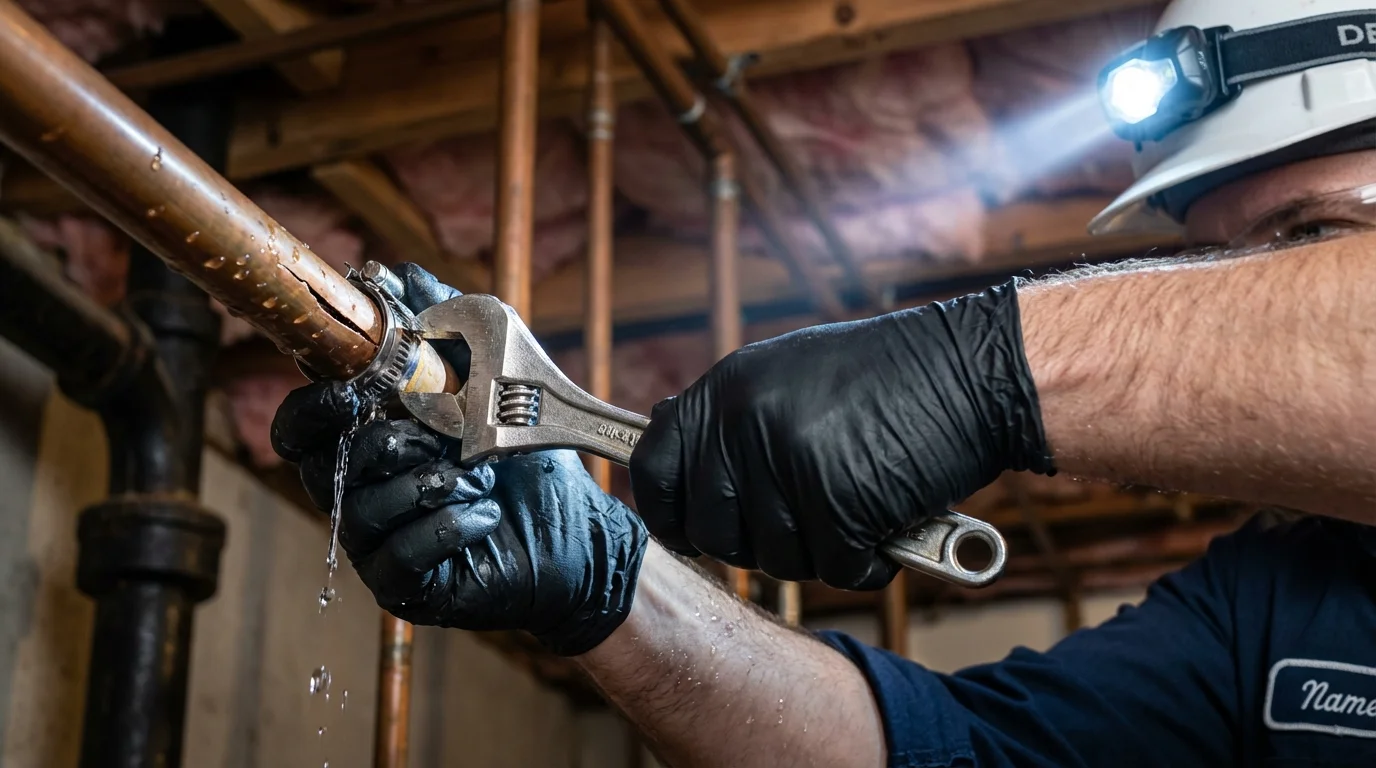 Emergency pipe clamp repair being performed by a Johns Plumbing LLC plumber in Laurys Station
