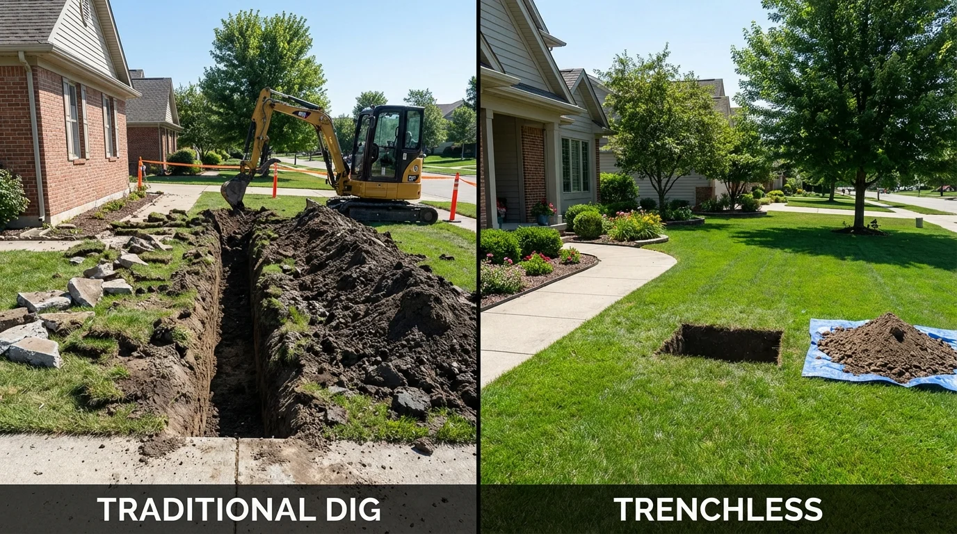Trenchless sewer repair with minimal yard damage versus traditional excavation in Laurys Station, PA