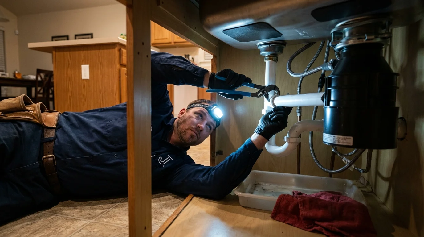 P-trap and supply line connections under a kitchen sink showing a common leak point in Laurys Station, PA